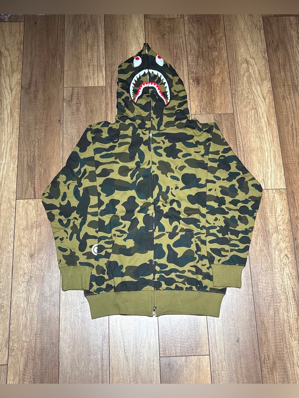 A Bathing Ape BAPE Shark Green and Black Camo Zipper Hoodie Sweater Size Medium